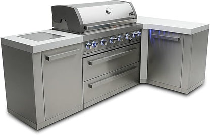 Mont Alpi MAi805-90 44-inch 6-Burner 115000 BTU 90 Degree Corner Stainless Steel Gas Outdoor Kitchen Bar Barbecue Island Grill + Infrared Side & Rear Burners + Granite Countertops + Storage Drawers