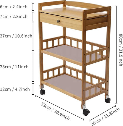 Bamboo Serving Cart with Drawer and Fence Rail, Kitchen Storage Organizer Trolley with Silent Wheels for Home Dining Room and Outdoor Use Natural Finish 53x30x80 cm Ideal for Families and Entertainers