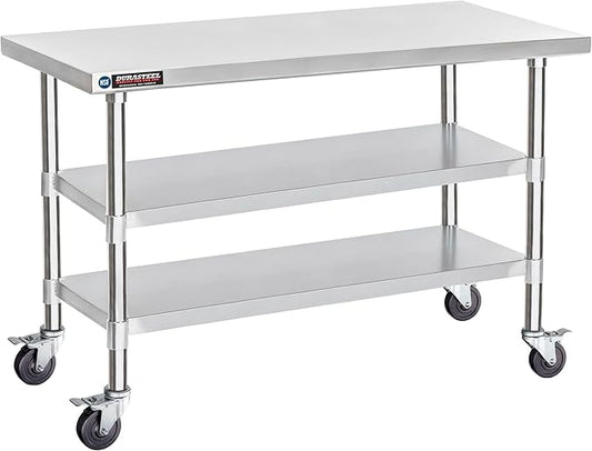 DuraSteel Stainless Steel Work Table 30" x 60" x 34" Height w/ 4 Caster Wheels - Food Prep Commercial Grade Worktable - NSF Certified - Good for Restaurant, Business, Warehouse, Home, Kitchen, Garage