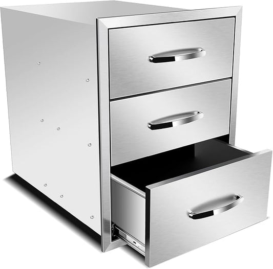 Outdoor Kitchen Stainless Steel Triple Access BBQ Drawers With Handle For BBQ Island Patio Grill Station,Three Drawers