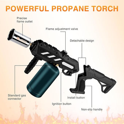 Powerful Propane Torch Gun, Kitchen Grill Torch with Detachable Design, Adjustable Flamethrower Torch Burner for Searing Steak, BBQ, Welding, Camping Charcoal Lighter(Tank Not Included)