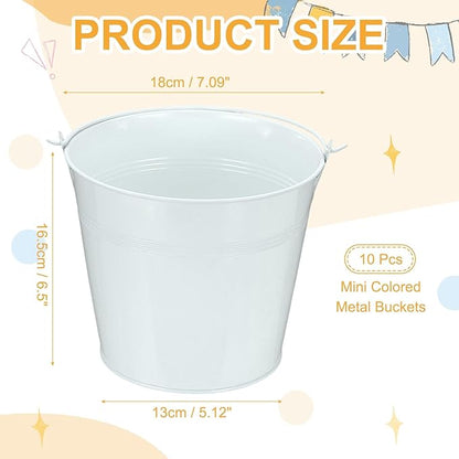 Small Metal Buckets, Mini Buckets with Handle Galvanized Colored Tin Pail Containers Basket Party Supplies - Fit for (Halloween - Classroom Crafts) 7" & 10Pcs & White