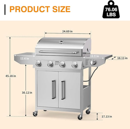 4 Burner Propane Gas Grill with Side Burner, Stainless Steel Gas Grill with Built-in thermometer & Enameled Cast Iron Grates, 58,000 BTUs Output for Outdoor Cooking and Patio Backyard Barbecue