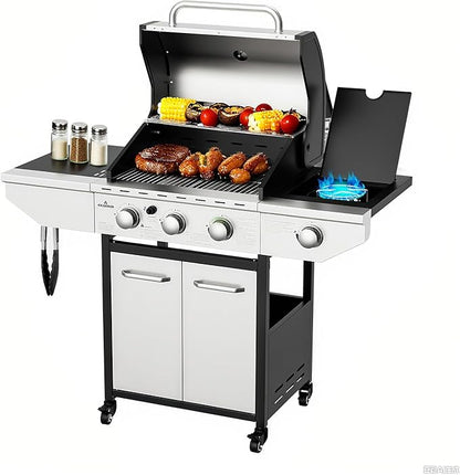 3-Burner Propane Gas BBQ Grill with Side Burner, 40,000 BTU Stainless Steel Propane Grill with Wheels and Storage,Outdoor Cooking Grill for Barbecue, Patio and Camping