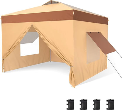 PHI VILLA 10x10 Pop Up Canopy Tent with Sidewalls - Easy Up Tent with Mesh Windows for Ventilation, Waterproof Design - Ideal for Parties, Beach, and Outdoor Events (Beige)