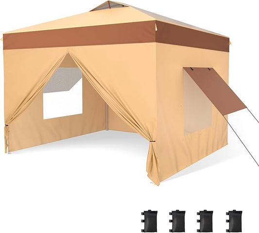 PHI VILLA 10x10 Pop Up Canopy Tent with Sidewalls - Easy Up Tent with Mesh Windows for Ventilation, Waterproof Design - Ideal for Parties, Beach, and Outdoor Events (Beige)