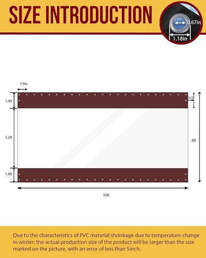 FoundGo 8'Hx15'W Vinyl Curtains for Patio,19oz Outdoor Clear Vinyl Patio Enclosure,Heavy Duty Clear Tarps Waterproof Vinyl Tarp with Grommets for Pergola, Porch,Gazebos,Balcony,-4℉ Cold Resistant