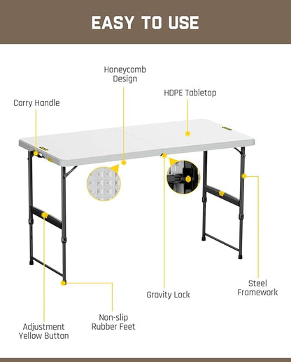 FanttikOutdoor 4ft Portable Folding Table, One-Handed Height Adjustment, 4 Heights, Gravity Lock, Carry Handle, Indoor Outdoor Heavy Duty Fold-in-Half Utility Table, Party, 1 Pack, Grey Zeta X4 Pro