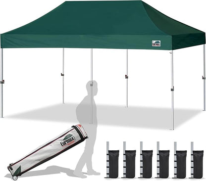 Eurmax USA 10'x20' Pop Up Canopy Tent Commercial Instant Canopies with Heavy Duty Roller Bag,Bonus 6 Sand Weights Bags (Forest Green)