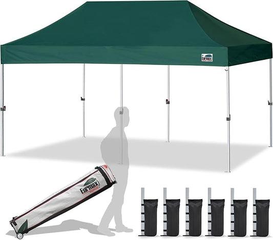 Eurmax USA 10'x20' Pop Up Canopy Tent Commercial Instant Canopies with Heavy Duty Roller Bag,Bonus 6 Sand Weights Bags (Forest Green)