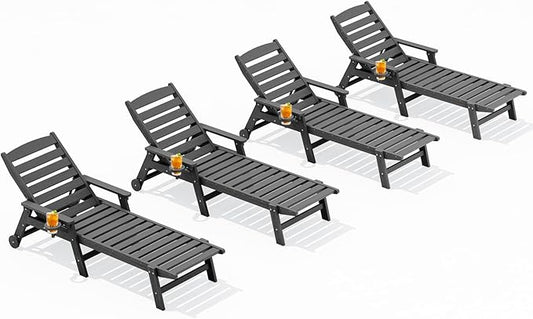 SERWALL Patio Chaise Lounge Chair Set of 4, 5 Positions Adjustable Poly Outdoor Lounger for Pool, HDPE Lounge Chair with Rolling Wheels & Cup Holder for Poolside, Deck, Slate Gray
