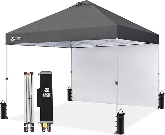CROWN SHADES 12x12 Pop Up Canopy Tent Instant Commercial with 150D Silver Coated Fabric Including 1 Removable Sidewall, 4 Ropes, 8 Stakes, Weight Bags, STO 'N Go Bag, Grid Grey