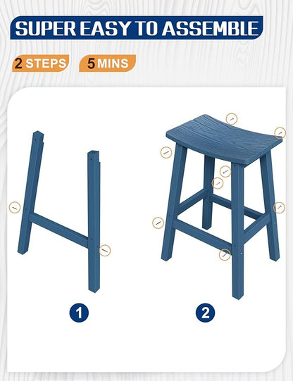 Weatherproof Bar Stools Set of 2, 28" Height Outdoor Bar Stools Holds up to 400 lbs, Saddle Seat, Bar Height Stools for Patio, Garden, and Kitchen Island, Blue