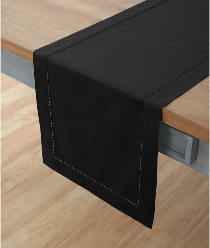 Solino Home Black Table Runner 108 Inches Long - Cotton Linen Hemstitch 14 x 108 Inch Table Runner for Dining, Winter, Spring, Easter