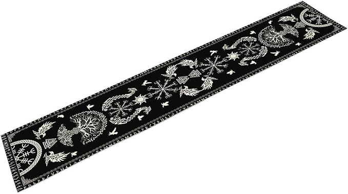 Viking Table Runner, Black Viking Tree of Life Raven Helmet of Awe Table Runner for Kitchen Dining Home Party 13x60in