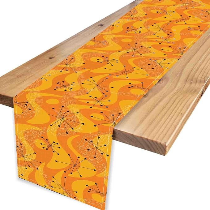 70s Table Runner, Retro Orange Wave Mid Century Atomic Print Abstract Hippie Coffee Table Center Decor for Home Kitchen Dining Patio Holiday Party Indoor Outdoor Table Decorations, 13"x108" Inch