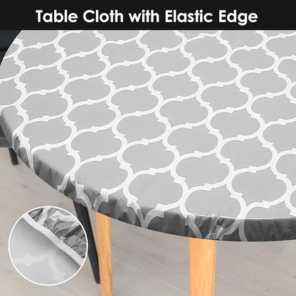2 Pcs Round Picnic Tablecloth, Waterproof Elastic Fitted Table Covers, Elastic Edge Table Cover Indoor Outdoor Round Fits 43"-55" Round Table Cloth, Oilproof Wipeable Protector for Camping (Grey)