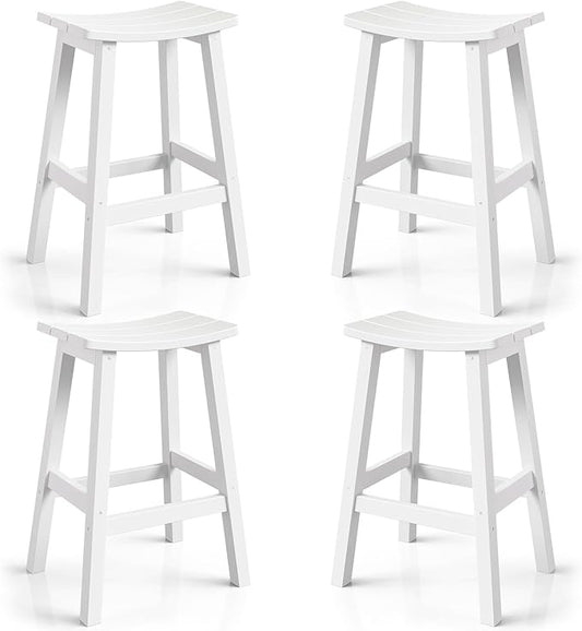 Weatherproof Bar Stools Set of 4, 28" Height Outdoor Bar Stools Holds up to 400 lbs, Saddle Seat, Bar Height Stools for Patio, Garden, and Kitchen Island, White