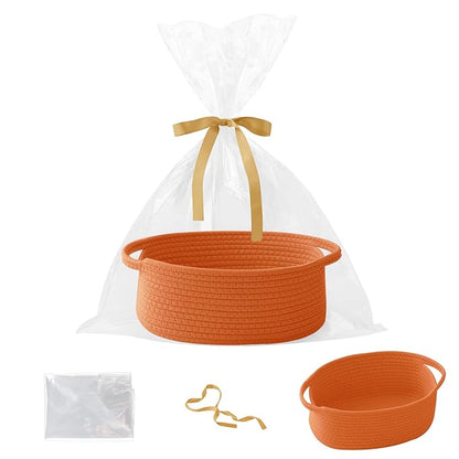 Gift Basket with Gift Bag and Ribbons,Small Rope Woven Shelf Storage,Baskets for Gifts Empty,Birthday,Baby Shower,Decorative Organizer Box with Handles(Orange)