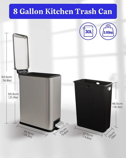 8 Gallon Trash Can with Lid, Stainless Steel Bathroom Garbage Can with Removal Inner Bucket, Soft Close Lid, Step on Trash Bin for Kitchen, Office, Laundry, 30 Liter Capacity, Kohler Grey