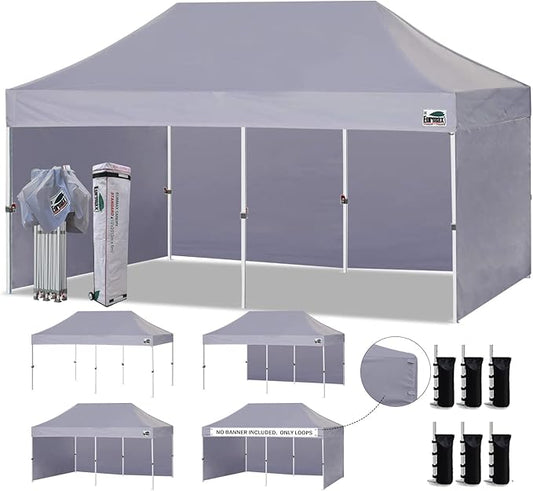 Eurmax USA 10'x20' Pop-up Canopy Tent Commercial Instant Canopies with 4 Removable Zipper End Side Walls and Roller Bag, Bonus 6 SandBags(Gray)