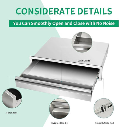 Outdoor Kitchen Drawers 30" W x 6.5" H x 23" D Stainless Steel Single Drawers with Hidden Handle for BBQ Island, Patio Grill Station & Outdoor Kitchen Cabinets