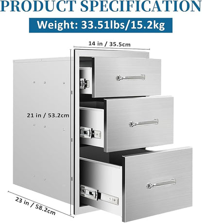 Outdoor Kitchen Drawers 14"Wx21"Hx23"D Flush Mount Access 3-Drawer BBQ Stainless Steel Drawers with Handle for Outdoor Kitchen Island or Grill Station