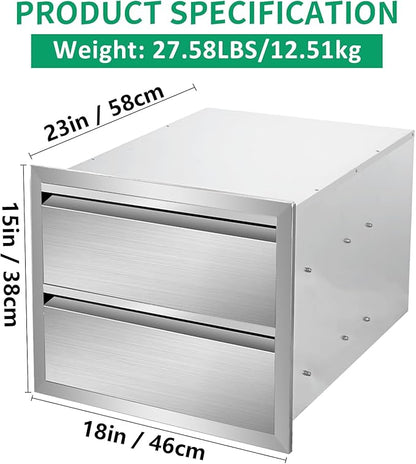 Outdoor Kitchen Drawers 18" W x 15" H x 23" D Stainless Steel Double Drawers with Hidden Handle for BBQ Island, Patio Grill Station & Outdoor Kitchen Cabinets