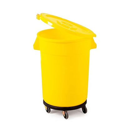 PRO&Family Commercial Round Trash Can with Lid and Dolly Rolling Waste Container, Ingredient Bin, Heavy-Duty Plastic, Anti-Static, Kitchen, Office, Outdoor Use (Yellow, 32 Gallon)