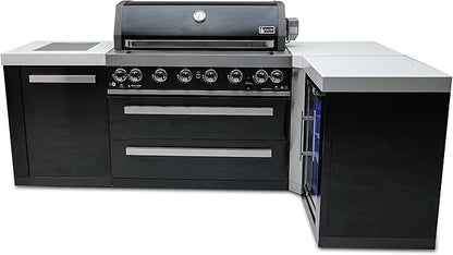 Mont Alpi MAi805-BSS90FC Black Stainless Steel 90 Degree Corner Gas Outdoor Kitchen Bar Island Grill w/Wine Cooler Beverage Center Refrigerator + Infrared Side & Rear Burners + Granite Countertop