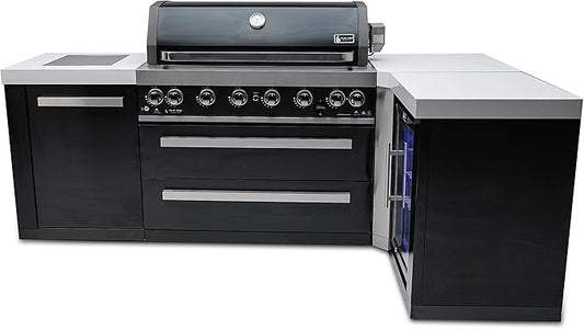 Mont Alpi MAi805-BSS90FC Black Stainless Steel 90 Degree Corner Gas Outdoor Kitchen Bar Island Grill w/Wine Cooler Beverage Center Refrigerator + Infrared Side & Rear Burners + Granite Countertop