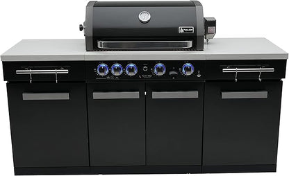 Mont Alpi MA-957 5-Burner 63000 BTU Black Stainless Steel Outdoor Kitchen Bar Gas Island Grill with Infrared Rear Burner + Rotisserie Kit + Granite Countertop + Storage Cabinets & Full Weather Cover