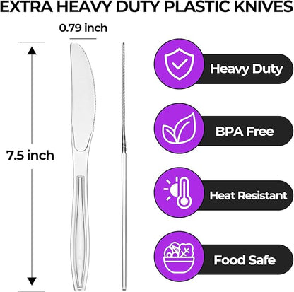 [100 Count] Clear Plastic Knives Heavy Duty, Disposable Steak Knives Plastic Silverware Bulk Washable Cutlery Set Serving Utensils Tableware for Party Supplies,Daily Use,Picnic,Camping,Wedding,BBQ