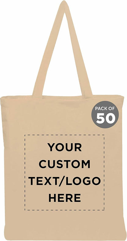 DISCOUNT PROMOS Custom Cotton Canvas Tote Bags Set of 50, Personalized Bulk Pack - Reusable, Great for Shopping, Grocery, Beach, Picnic, Wedding Favors - Natural