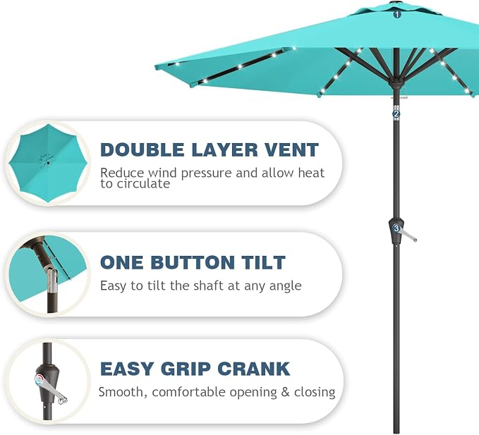 9FT Patio Umbrella with Solar Lights, Outdoor Market Umbrella with Tilt and - Image 2
