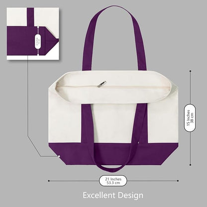 TOPDesign 6-Pack Canvas Tote Bags with an External Pocket, Reusable Grocery Shopping Bags, Top Zipper Closure, Daily Essentials (Purple/Natural)