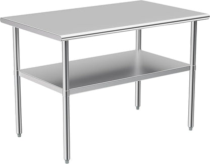 Stainless Steel Table for Prep & Work, 30x48 Inches, NSF Metal Commercial Heavy Duty Table with Adjustable Under Shelf and Foot for Restaurant, Home and Hotel