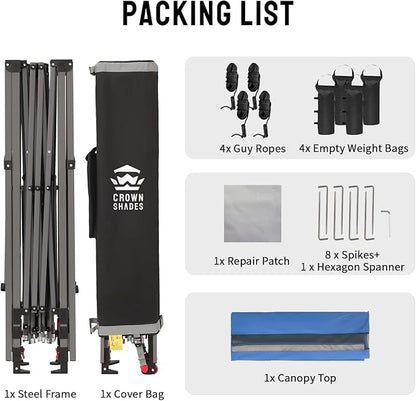 CROWN SHADES 10x10 Pop up Canopy Tent, Instant Commercial Canopy with Extend Awning, Patended Centerlock, 150D Silver Coated Fabric, 4 Ropes, 8 Stakes, 4 Weight Bags, STO 'N Go Bag, Blue
