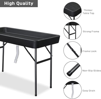 VINGLI 4 Foot Folding Party Ice Cooler, Portable Tailgate Camp Fishing Cleaning Table, Plastic with Matching Skirt, Ice Table for Party, BBQ, Camping, Picnic (Black)
