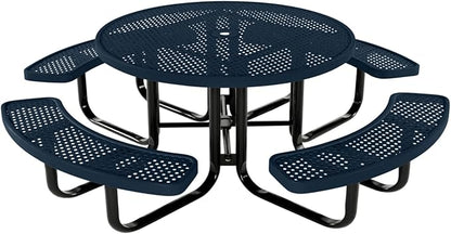 COATEDOUTDOORFURNITURE Heavy-Duty Portable Outdoor Kids Table with Umbrella Hole, Punched Steel Kids Picnic Table, Commercial-Grade, Made in America (46 in, Round, Childrens, Dark Blue)