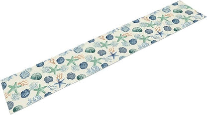 Nautical Table Runner, Summer Sea Coastal Starfish Seashells Coral Tropical Ocean Beach Blue Farmhouse Coffee Table Center Decor for Home Kitchen Dining Patio Indoor Outdoor Table Decorations, 13"x90"