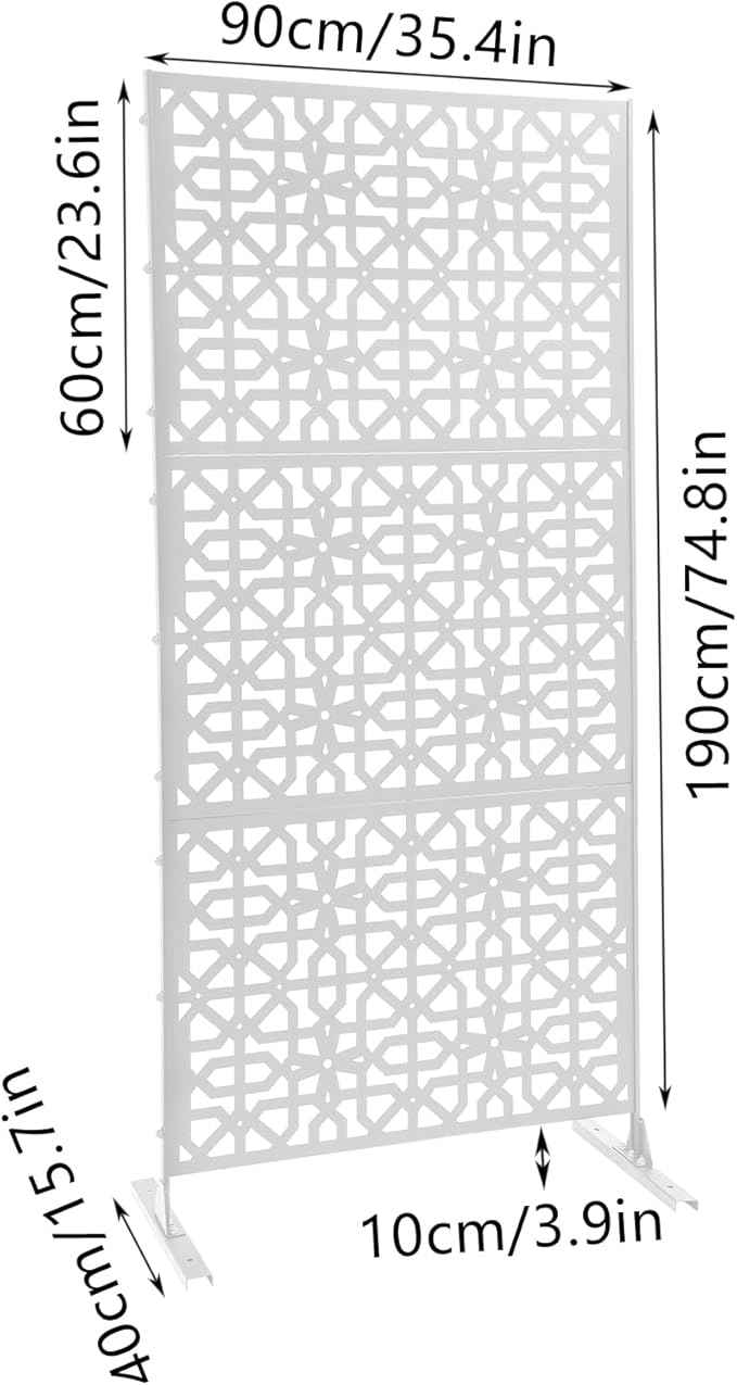 Outdoor Metal Privacy Screen with Stand, 35.4" W x 75" H Freestanding Metal Slatted Decorative Privacy Screen and Panels for Patio Garden Balcony Porch (White Polygonal)