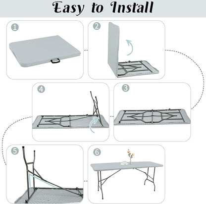 Fivenl 2 Pack 6 FT Folding Tables Grey Foldable Table, Fold-in-Half with Carrying Handle Portable Plastic Rectangular Table for Party, Dining, Wedding, Camping, Picnic, Indoor Outdoor Events