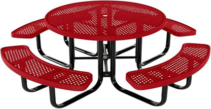 COATEDOUTDOORFURNITURE Heavy-Duty Portable Outdoor Kids Table with Umbrella Hole, Punched Steel Kids Picnic Table, Commercial-Grade, Made in America (46 in, Round, Childrens, Textured Red)