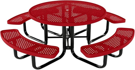 COATEDOUTDOORFURNITURE Heavy-Duty Portable Outdoor Kids Table with Umbrella Hole, Punched Steel Kids Picnic Table, Commercial-Grade, Made in America (46 in, Round, Childrens, Textured Red)