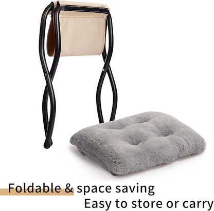HollyHOME 15"(H) Folding Footrest Stool, Upholstered Small Foldable Ottoman, Accent Padded Sofa Foot Stool for Lazy Chair, Metal Frame Portable Foot Rest Ottoman for Home, Living Room, Bedroom, Grey
