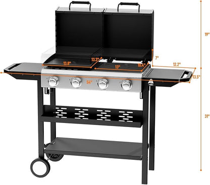 Bonnlo 2 in 1 Propane Flat Top Grill and Griddle Combo with Lid, Powerful 40,000 BTU Grills with Side Shelves & Integrated Ignition, 4 Burners Grill with Movable Wheels for Outdoor BBQ Camping Use