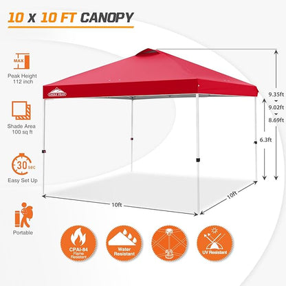 EAGLE PEAK Pop Up Canopy Tent with Wheeled Carry Bag, 8 Stakes, 4 Ropes, 4 Weight Bags, Easy Set Up Tent Canopy, 10x10 ft, 100sqft of Shade, Red