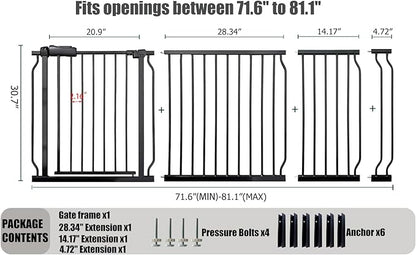 Heavy Duty Baby & Pet Safety Gate - Extra Wide 76.4-81.1 Inch, Black Metal, Pressure Mounted, Walk-Through