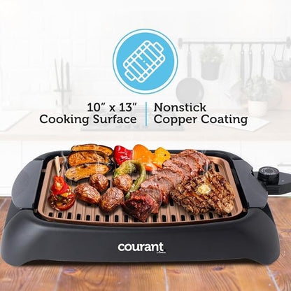 Courant smokeless indoor Electric grill, Copper Non-stick Coating Extra Large and Adjustable Temperature Control, Grill BBQ, Table Top Indoor Grill
